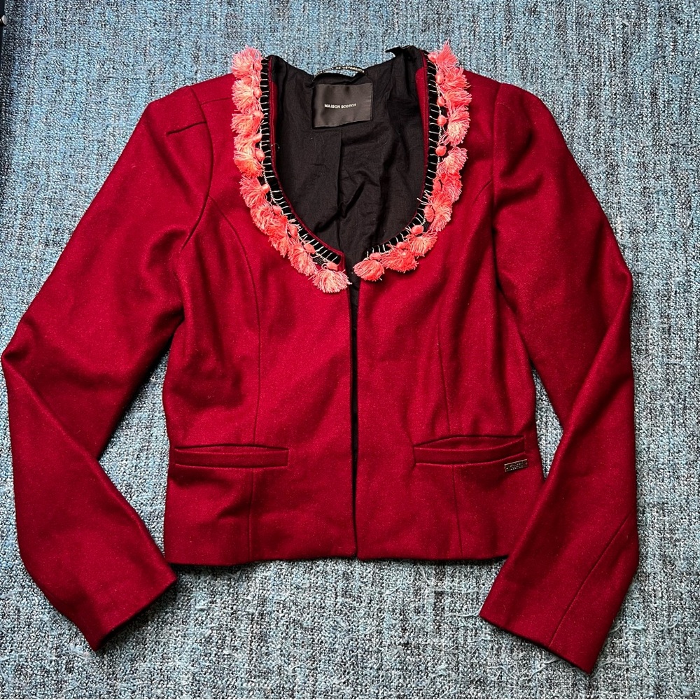 Maison Scotch Wool Blend Tassel Blazer Jacket in Burgundy Size 1